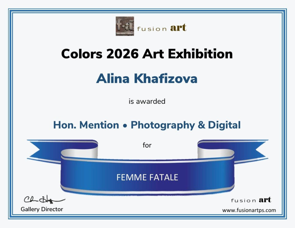 Fusion Art Online Gallery, Annual "Colors 2026" Exhibition, Alina Khafizova awarded as Exhibition Finalist for the work "Femme Fatale", Exhibition Director Christopher Hoffman, New Mexico, United States of America, www.fusionartps.com